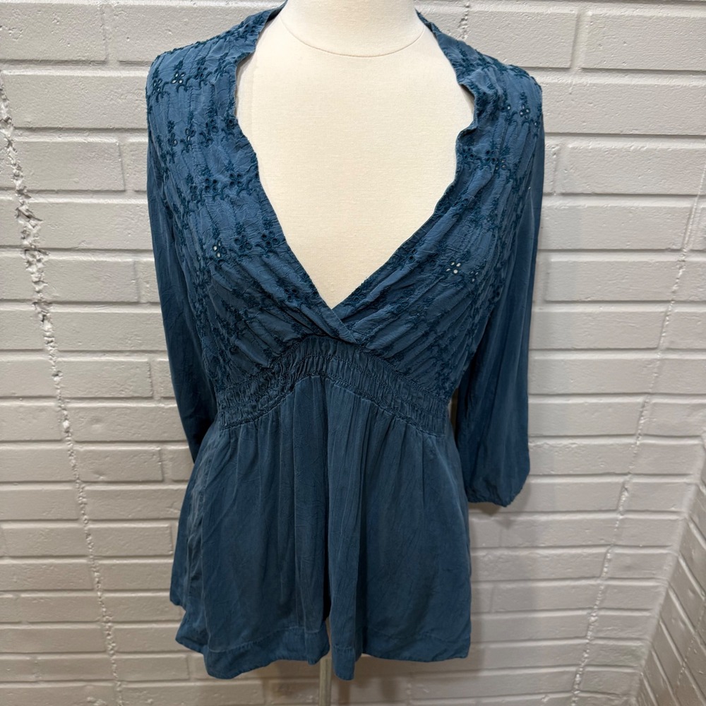 J Jill Embroidered Eyelet Smocked Empire Waist Blouse Top Silky Medium Teal Blue